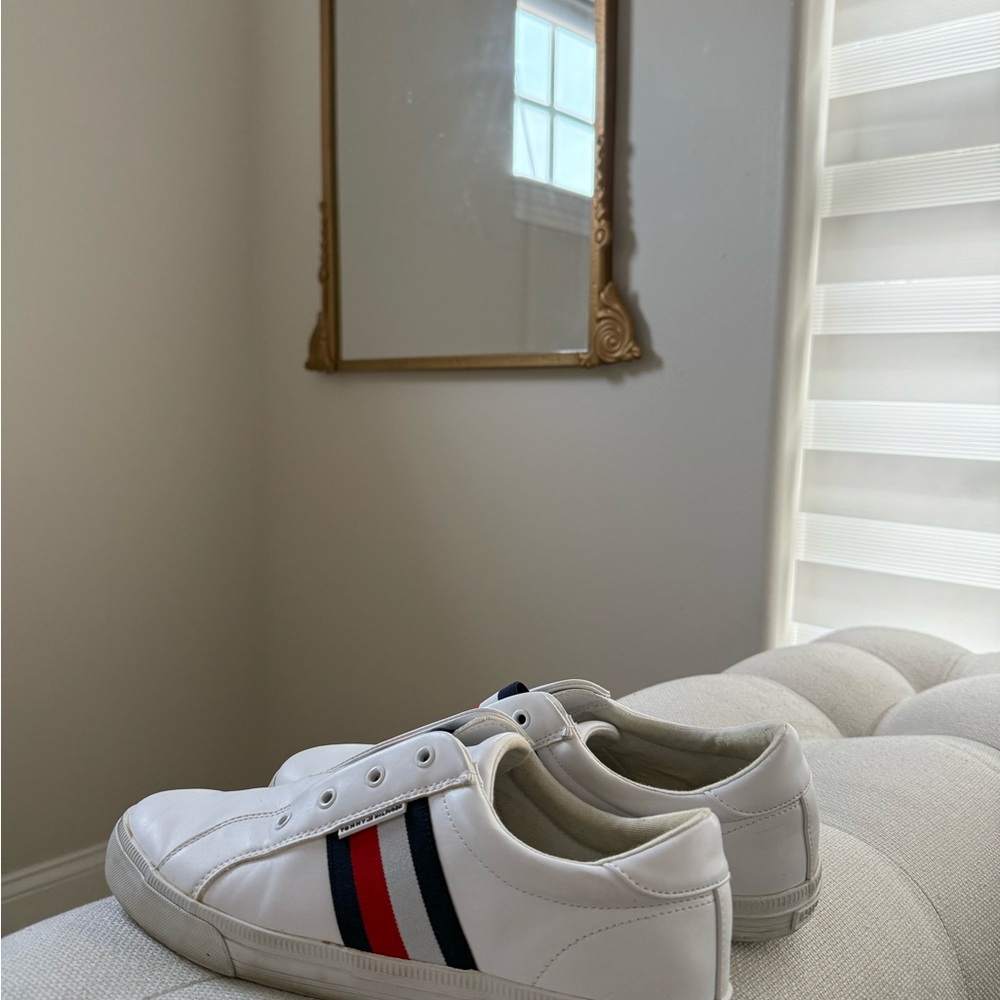 Tommy Hilfiger White Athletic Shoes with Red and Blue Stripes